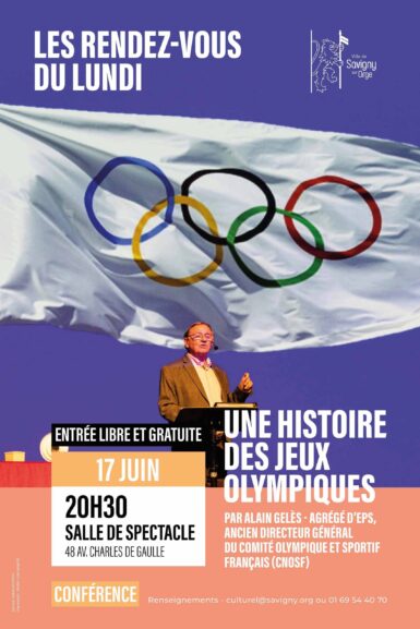 Affiche de la conférence des JO avec un drapeau des anneaux olympiques